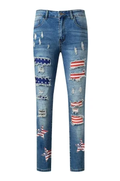 Fashion Dear-Lover Sequin American Flag Star Graphic Distressed Straight Jeans Sky Blue
