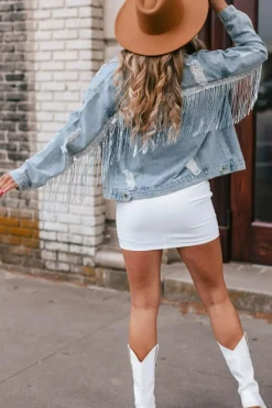 New Dear-Lover Sequin Embellished Fringe Distressed Denim Jacket Sky Blue