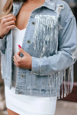 New Dear-Lover Sequin Embellished Fringe Distressed Denim Jacket Sky Blue