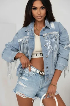 New Dear-Lover Sequin Embellished Fringe Distressed Denim Jacket Sky Blue