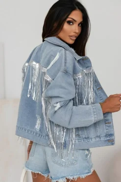 New Dear-Lover Sequin Embellished Fringe Distressed Denim Jacket Sky Blue
