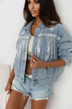 New Dear-Lover Sequin Embellished Fringe Distressed Denim Jacket Sky Blue