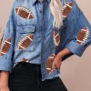 Outlet Dear-Lover Sequin Rugby Football Graphic Flap Pockets Raw Hem Game Day Denim Jacket Sky Blue
