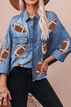 Outlet Dear-Lover Sequin Rugby Football Graphic Flap Pockets Raw Hem Game Day Denim Jacket Sky Blue