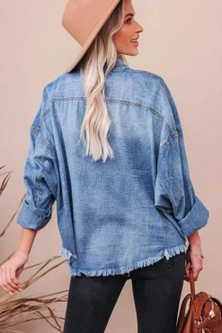 Outlet Dear-Lover Sequin Rugby Football Graphic Flap Pockets Raw Hem Game Day Denim Jacket Sky Blue
