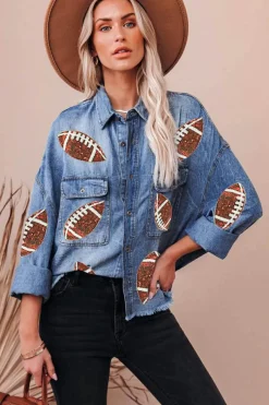 Outlet Dear-Lover Sequin Rugby Football Graphic Flap Pockets Raw Hem Game Day Denim Jacket Sky Blue
