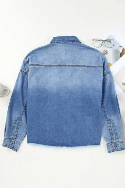 Outlet Dear-Lover Sequin Rugby Football Graphic Flap Pockets Raw Hem Game Day Denim Jacket Sky Blue