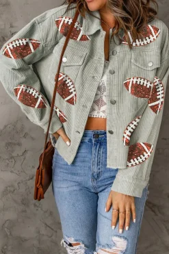 Hot Dear-Lover Sequined Rugby Football Patch Ribbed Cotton Jacket Sky Blue
