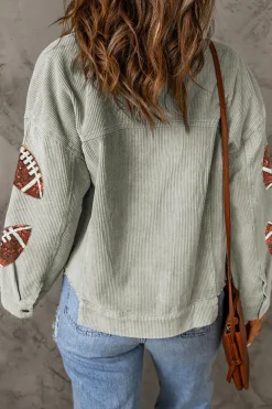 Hot Dear-Lover Sequined Rugby Football Patch Ribbed Cotton Jacket Sky Blue