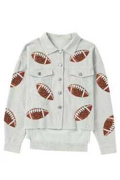 Hot Dear-Lover Sequined Rugby Football Patch Ribbed Cotton Jacket Sky Blue
