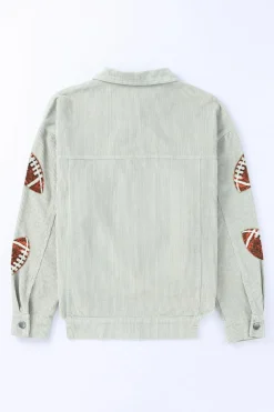 Hot Dear-Lover Sequined Rugby Football Patch Ribbed Cotton Jacket Sky Blue