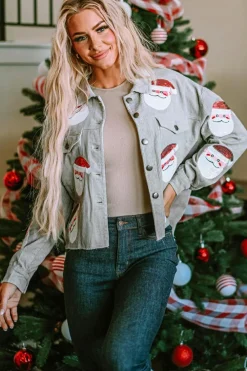 Online Dear-Lover Sequined Santa Claus Flap Pocket Corduroy Jacket Sky Blue