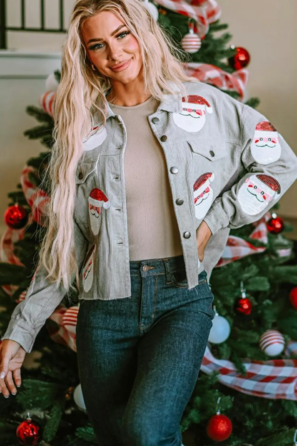 Online Dear-Lover Sequined Santa Claus Flap Pocket Corduroy Jacket Sky Blue
