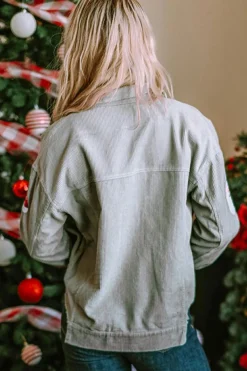 Online Dear-Lover Sequined Santa Claus Flap Pocket Corduroy Jacket Sky Blue
