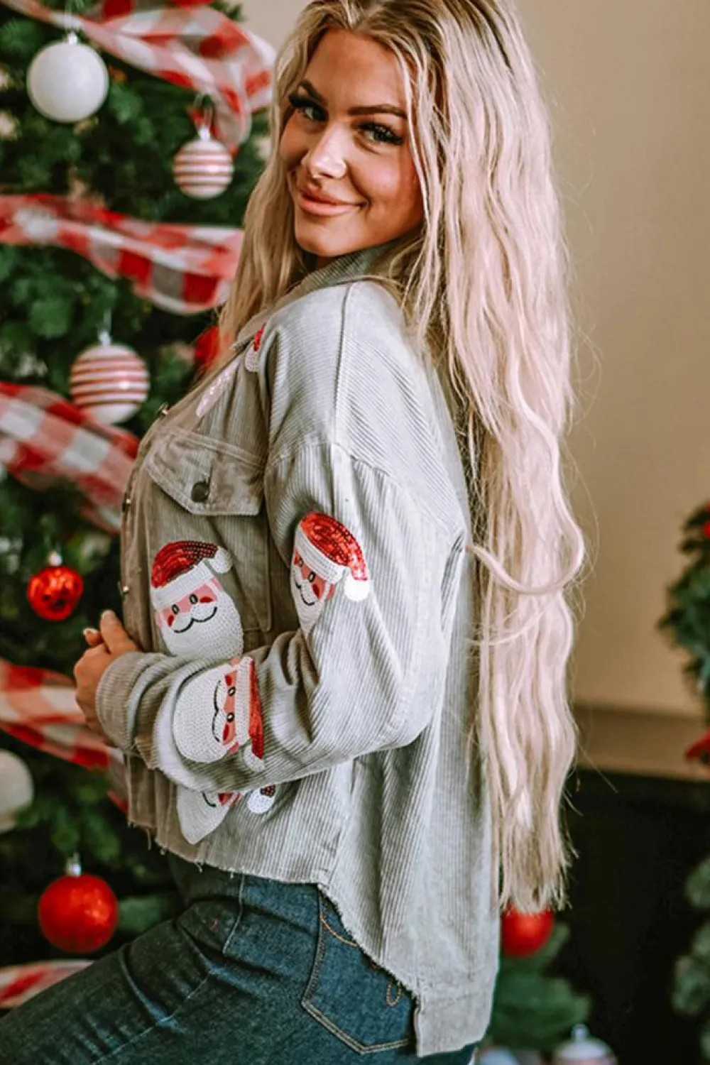 Online Dear-Lover Sequined Santa Claus Flap Pocket Corduroy Jacket Sky Blue