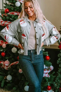 Online Dear-Lover Sequined Santa Claus Flap Pocket Corduroy Jacket Sky Blue