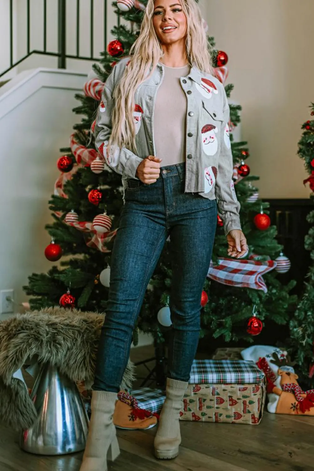 Online Dear-Lover Sequined Santa Claus Flap Pocket Corduroy Jacket Sky Blue