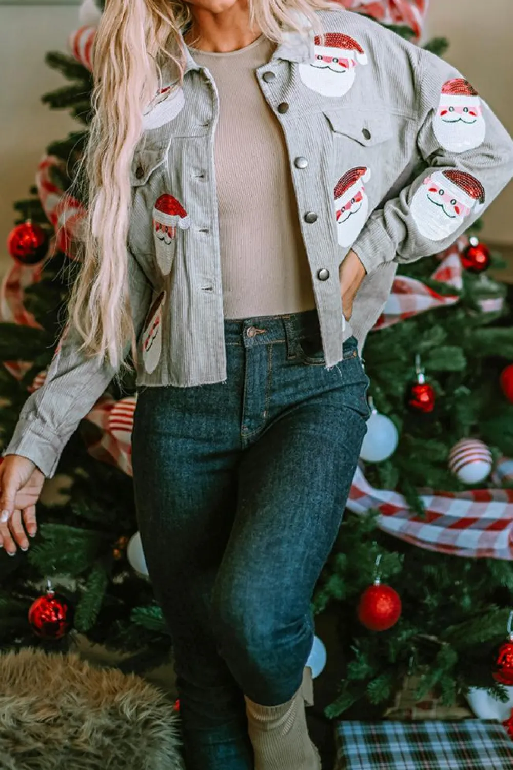 Online Dear-Lover Sequined Santa Claus Flap Pocket Corduroy Jacket Sky Blue