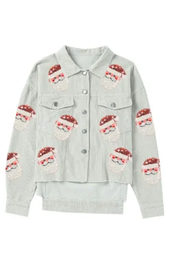 Online Dear-Lover Sequined Santa Claus Flap Pocket Corduroy Jacket Sky Blue