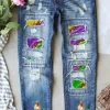 Hot Dear-Lover Shiny Mardi Gras Fleur-de-lis Patch Distressed Jeans Sky Blue
