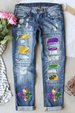 Hot Dear-Lover Shiny Mardi Gras Fleur-de-lis Patch Distressed Jeans Sky Blue