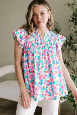 Fashion Dear-Lover Shirred Yoke Ruffled Abstract Printed Blouse Sky Blue