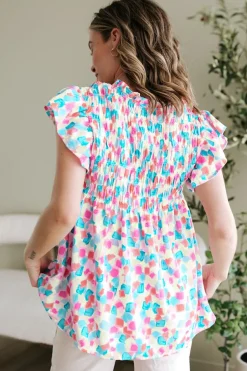 Fashion Dear-Lover Shirred Yoke Ruffled Abstract Printed Blouse Sky Blue