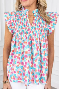 Fashion Dear-Lover Shirred Yoke Ruffled Abstract Printed Blouse Sky Blue
