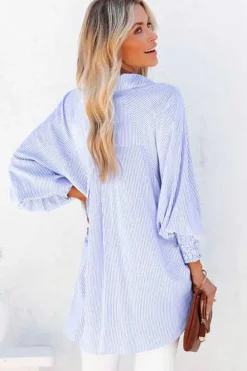 Best Dear-Lover Smocked Cuffed Striped Boyfriend Shirt with Pocket Sky Blue