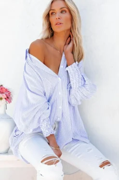 Best Dear-Lover Smocked Cuffed Striped Boyfriend Shirt with Pocket Sky Blue