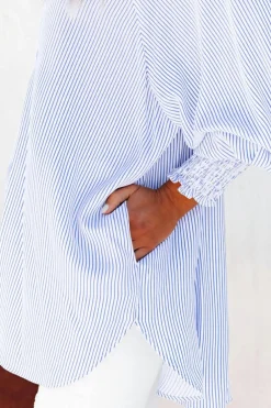 Best Dear-Lover Smocked Cuffed Striped Boyfriend Shirt with Pocket Sky Blue