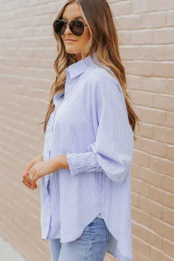 Best Dear-Lover Smocked Cuffed Striped Boyfriend Shirt with Pocket Sky Blue