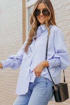 Best Dear-Lover Smocked Cuffed Striped Boyfriend Shirt with Pocket Sky Blue