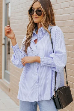 Best Dear-Lover Smocked Cuffed Striped Boyfriend Shirt with Pocket Sky Blue