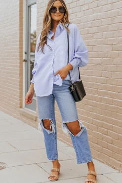 Best Dear-Lover Smocked Cuffed Striped Boyfriend Shirt with Pocket Sky Blue