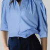 Clearance Dear-Lover Solid 3/4 Sleeve Buttoned Stand Neck Shirt Sky Blue