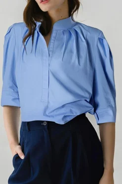 Clearance Dear-Lover Solid 3/4 Sleeve Buttoned Stand Neck Shirt Sky Blue