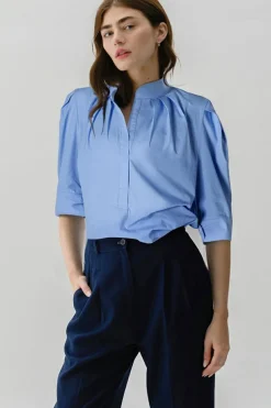 Clearance Dear-Lover Solid 3/4 Sleeve Buttoned Stand Neck Shirt Sky Blue