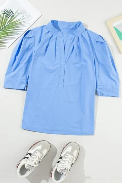 Clearance Dear-Lover Solid 3/4 Sleeve Buttoned Stand Neck Shirt Sky Blue