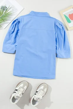 Clearance Dear-Lover Solid 3/4 Sleeve Buttoned Stand Neck Shirt Sky Blue