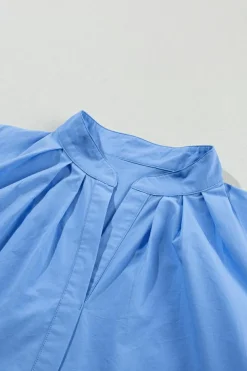 Clearance Dear-Lover Solid 3/4 Sleeve Buttoned Stand Neck Shirt Sky Blue