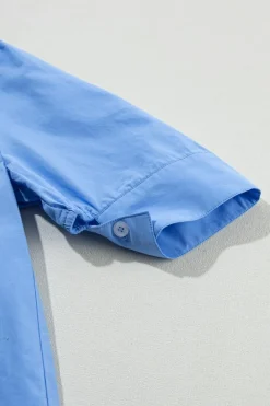 Clearance Dear-Lover Solid 3/4 Sleeve Buttoned Stand Neck Shirt Sky Blue