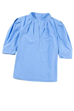Clearance Dear-Lover Solid 3/4 Sleeve Buttoned Stand Neck Shirt Sky Blue