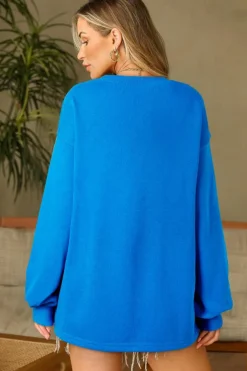 Outlet Dear-Lover Solid Color Drop Shoulder Long Sleeve Basic Sweatshirt Sky Blue