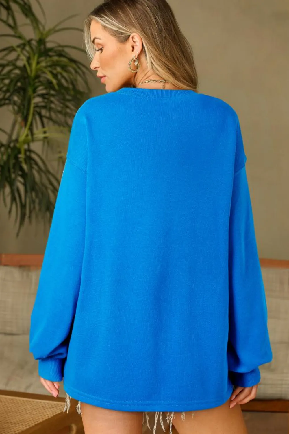 Outlet Dear-Lover Solid Color Drop Shoulder Long Sleeve Basic Sweatshirt Sky Blue