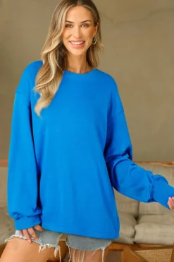 Outlet Dear-Lover Solid Color Drop Shoulder Long Sleeve Basic Sweatshirt Sky Blue