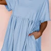 Clearance Dear-Lover Solid Color Pocketed Raw Edge Babydoll Dress Sky Blue