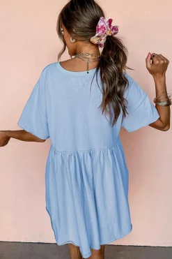 Clearance Dear-Lover Solid Color Pocketed Raw Edge Babydoll Dress Sky Blue