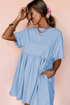 Clearance Dear-Lover Solid Color Pocketed Raw Edge Babydoll Dress Sky Blue