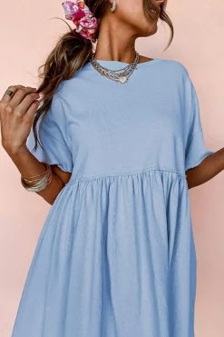 Clearance Dear-Lover Solid Color Pocketed Raw Edge Babydoll Dress Sky Blue